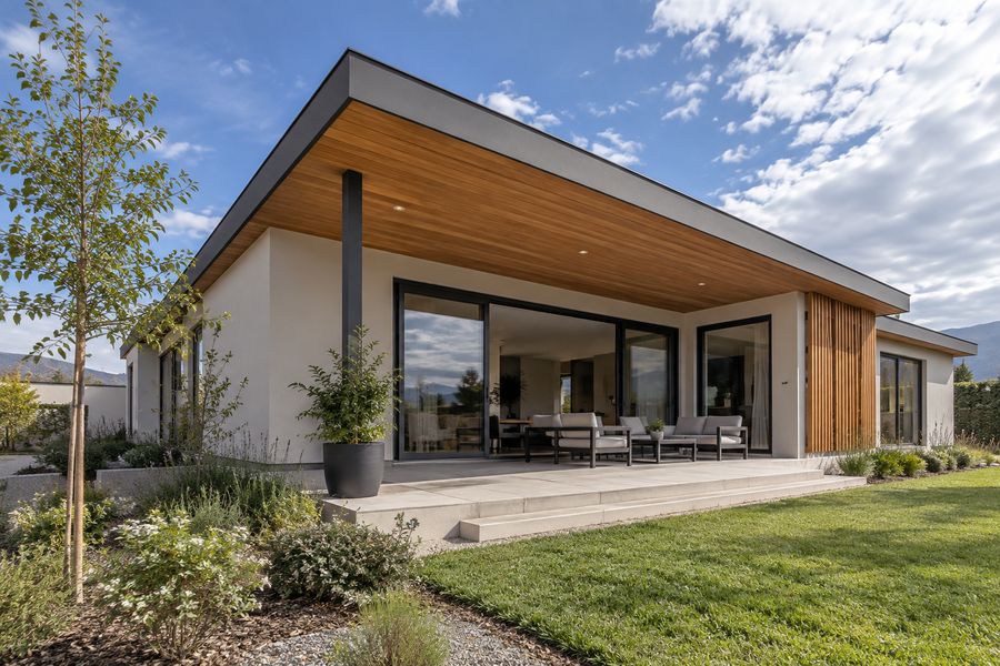 Casa moderna con techumbre y alero de madera, cielo azul