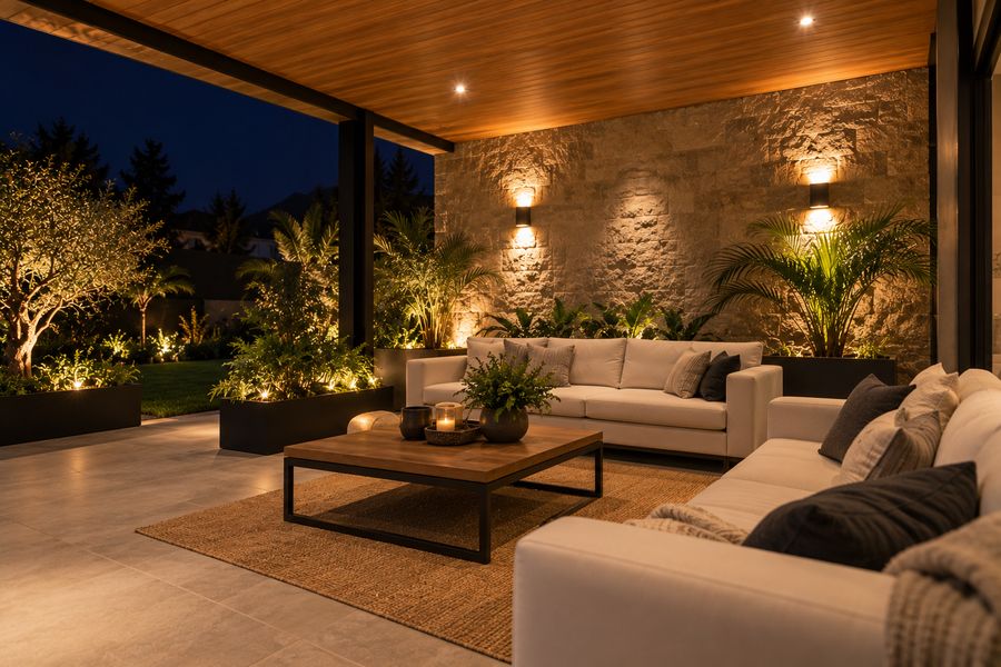 Terraza interior con sofás claros, plantas e iluminación cálida