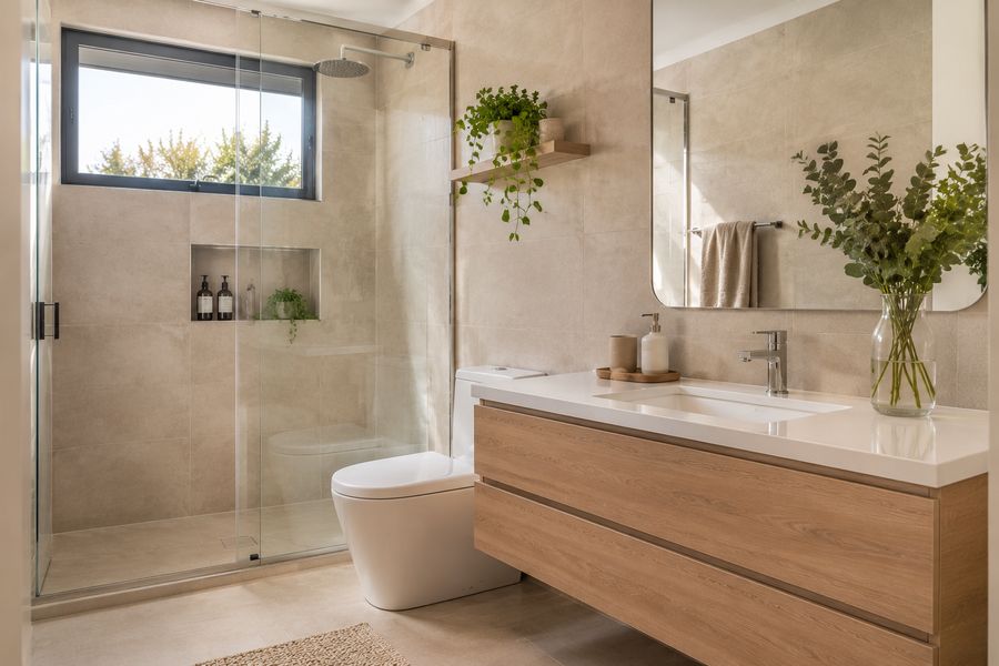 Baño remodelado con ducha de vidrio y vanitorio de madera