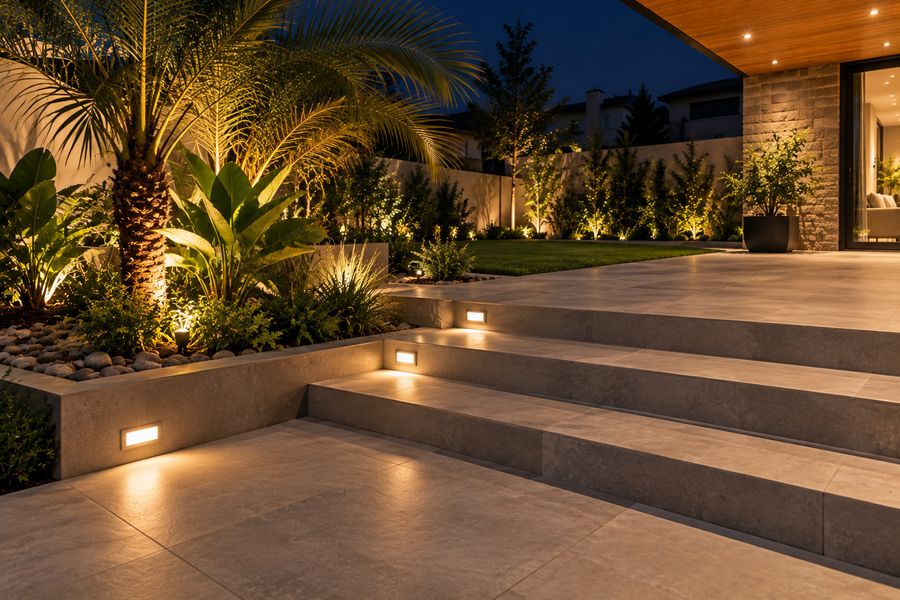 Escalones de piedra y pavimento exterior con iluminación y jardín